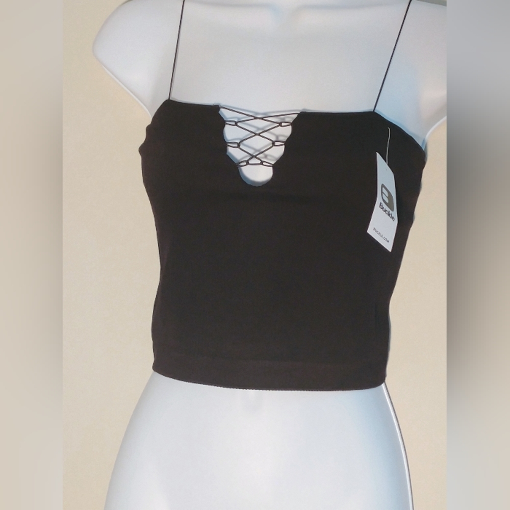 Buckle Ribbed Crop Top with Spaghetti Straps. - Picture 2 of 5